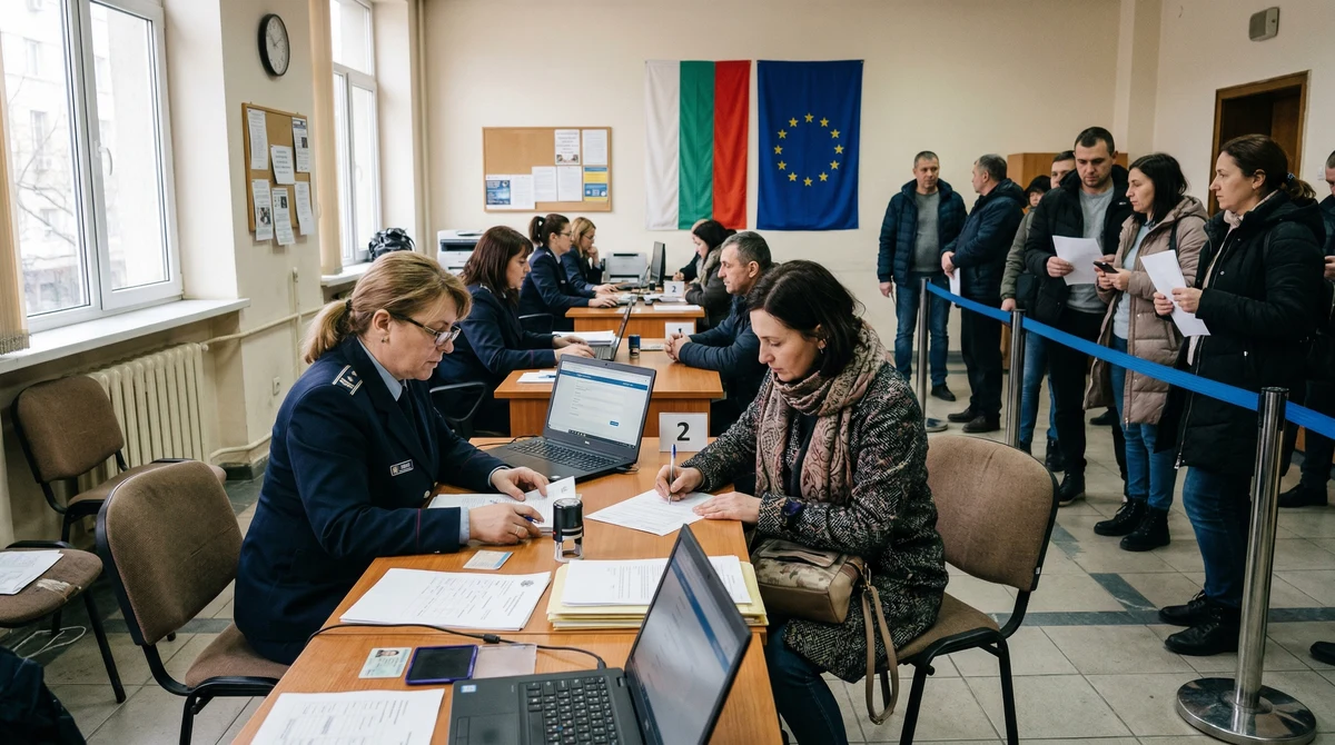Хора чакат с документи в държавна служба в България за подновяване на временна закрила