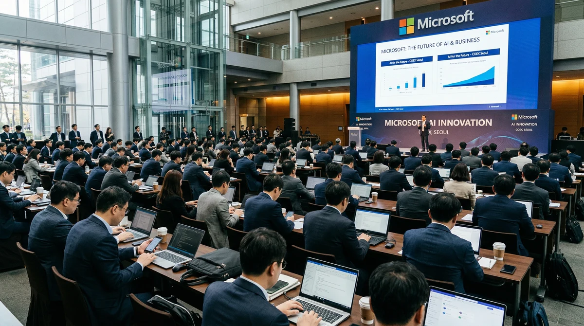 Бизнес конференция в Сеул с презентация на Microsoft за изкуствен интелект и Copilot пред корпоративна аудитория.