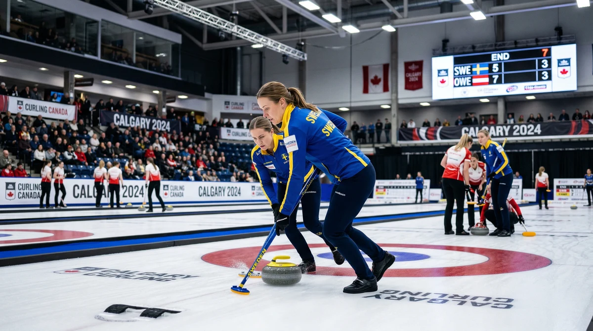 Състезателки по кърлинг от Швеция играят мач в закрита арена в Калгари, докато таблото се вижда на заден план.