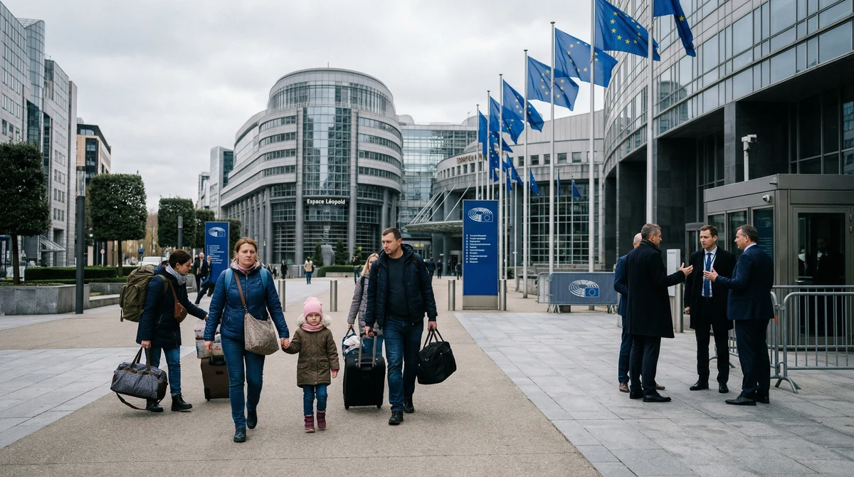 Сгради на институции на ЕС в Брюксел, европейски знамена и семейства с багаж, свързани с временната закрила за украинци