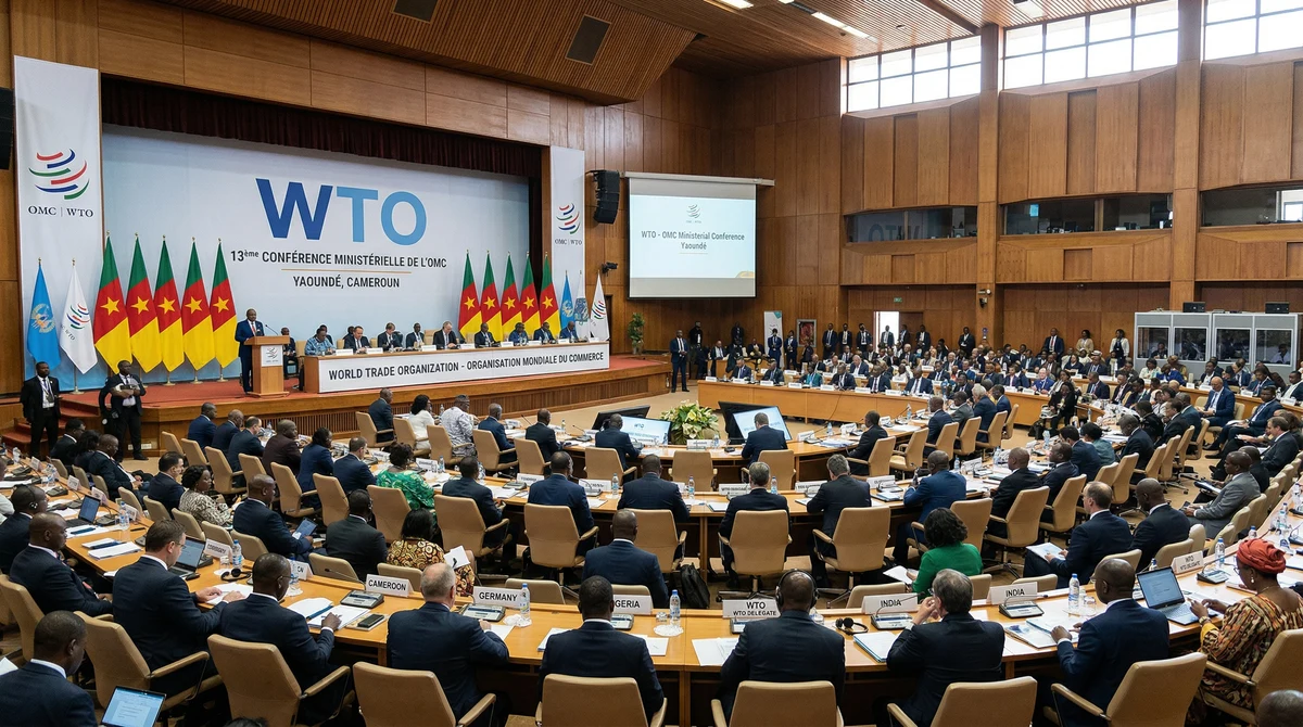 Делегати на международна търговска конференция в голяма зала в Яунде с видими знамена и официална обстановка.