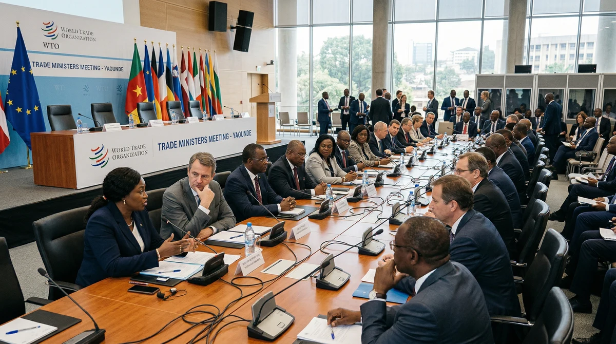 Търговски министри и дипломати на международна среща в конферентна зала с флагове на ЕС и обозначения на СТО