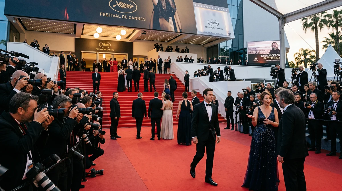 Червен килим пред Двореца на фестивалите в Кан с фотографи и гости преди церемония по откриването