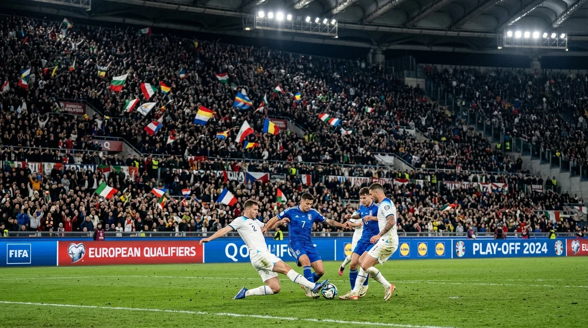 Нощен футболен стадион по време на решаващ европейски плейоф за класиране на Световното първенство