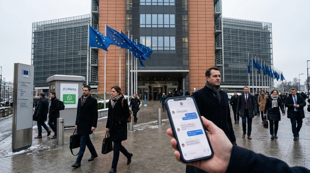 Сграда на Европейската комисия в Брюксел с флагове на ЕС и смартфон с приложение за съобщения, илюстриращ спор за AI услуги в WhatsApp