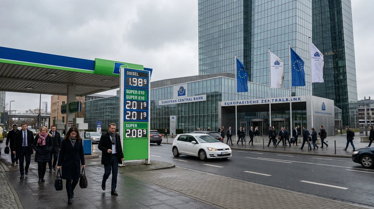 Сградата на Европейската централна банка във Франкфурт до табло с цени на горивата, символизиращи инфлационния натиск в еврозоната.