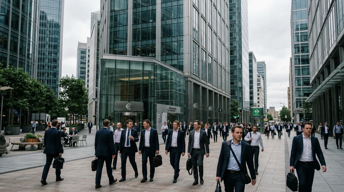 Офис служители пред сгради във финансов квартал в Европа, илюстриращи данни за пазара на труда в еврозоната.