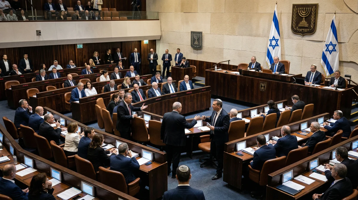 Зала на израелския парламент по време на напрегнато гласуване на държавния бюджет