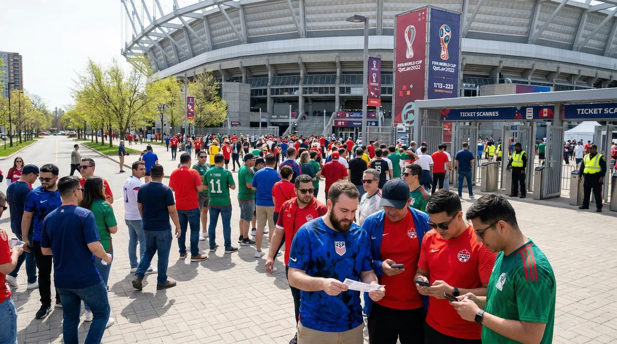 Футболни фенове пред голям стадион в Северна Америка чакат за достъп и проверяват билети за Световното първенство 2026.