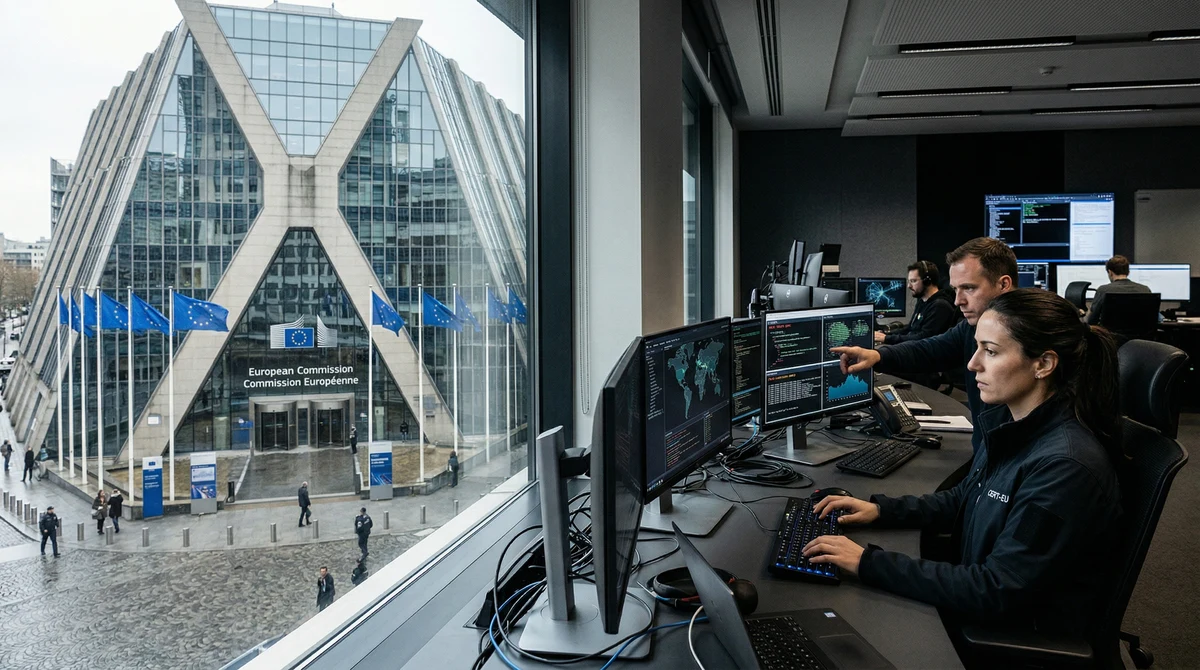 Сградата на Европейската комисия в Брюксел с флагове на ЕС и визуален акцент върху киберсигурността и облачната инфраструктура.