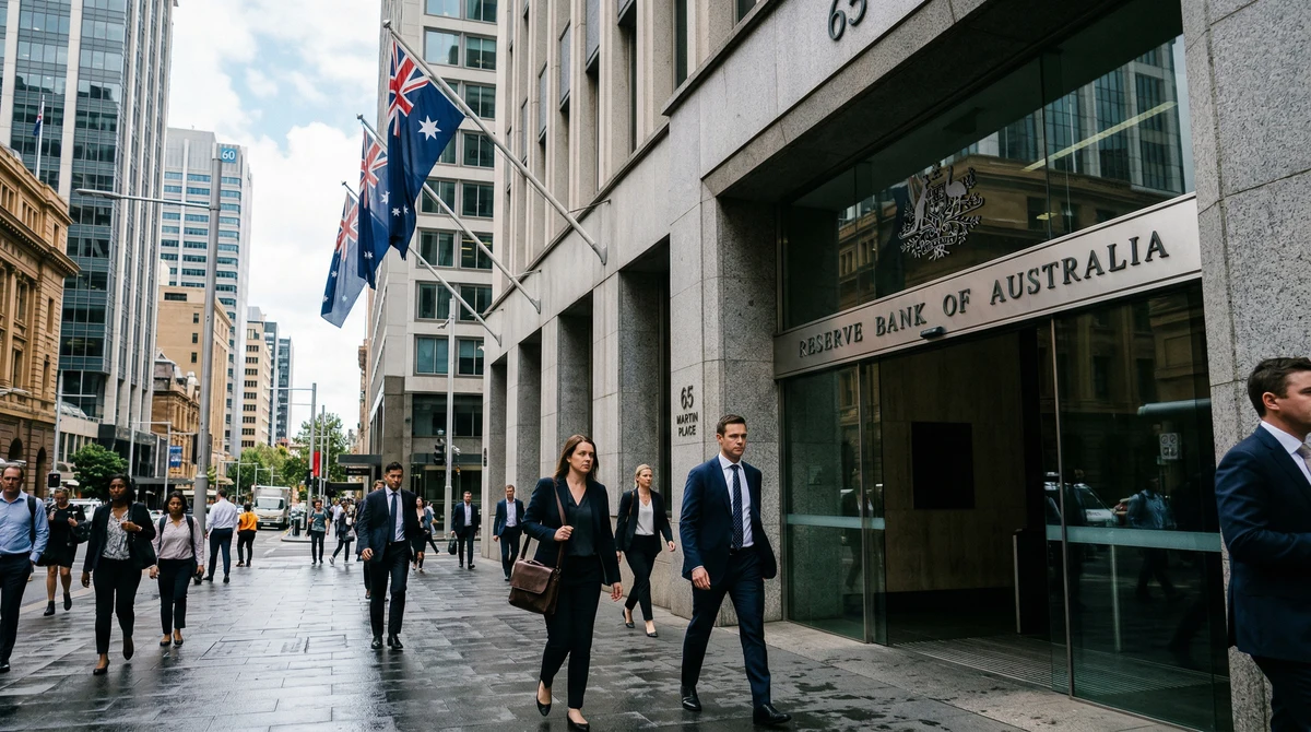 Сградата на Резервната банка на Австралия в Сидни на фона на финансовия район и тема за лихвената политика