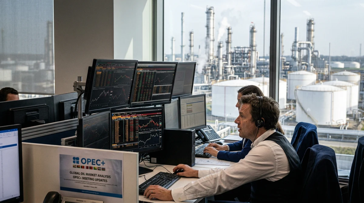 Петролна рафинерия и резервоари за суров петрол на фона на енергиен пазар и търговски екрани