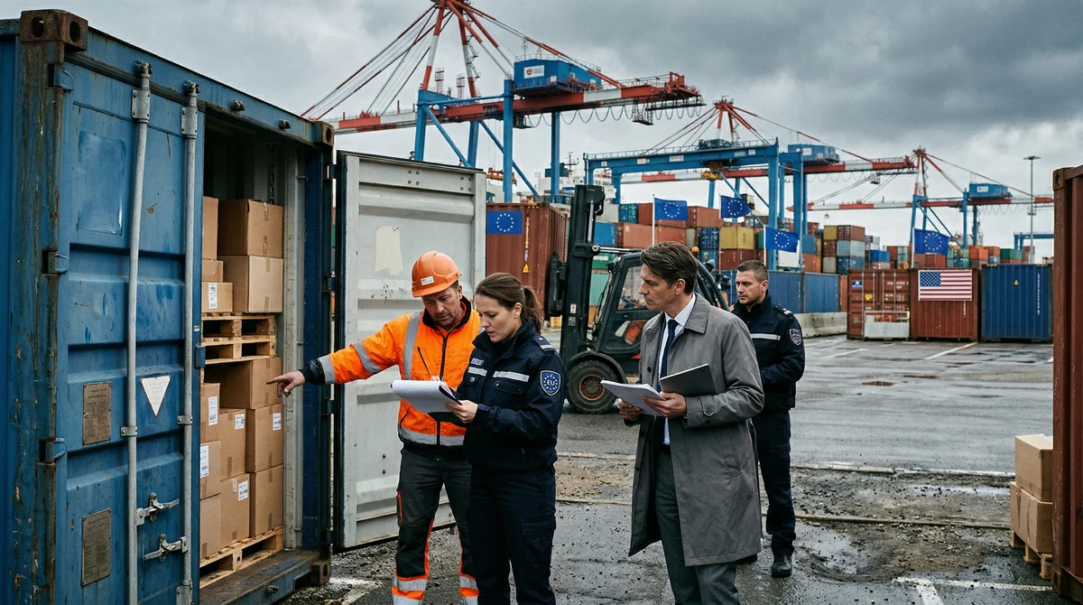 Контейнерен терминал в Европа с митническа проверка на товари на фона на търговско напрежение между ЕС и САЩ.
