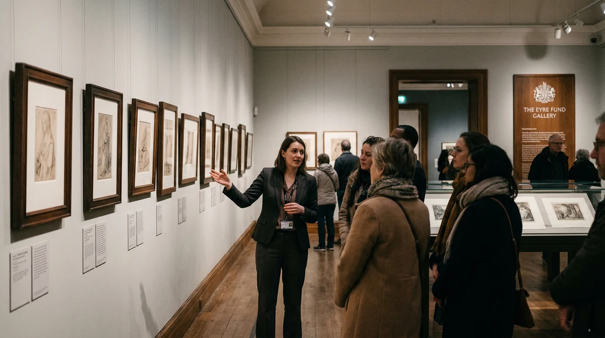 Зала в Британския музей с изложени ранни нидерландски рисунки и посетители, които разглеждат експозицията.