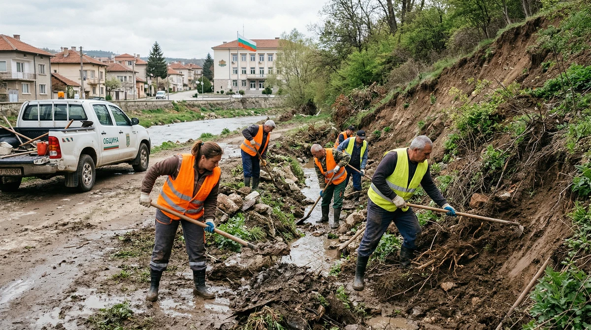 Общински работници почистват дере и отводнителен канал в български град като част от превенция срещу наводнения.