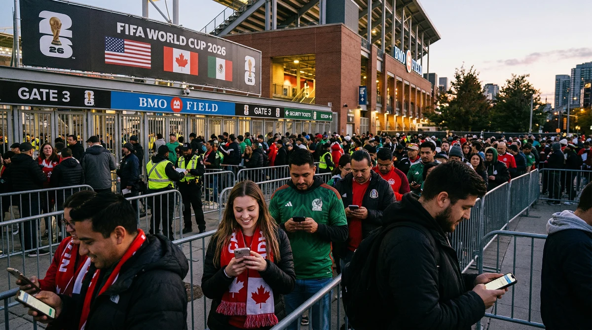 Фенове чакат пред стадион и проверяват билети за мачове от Мондиал 2026