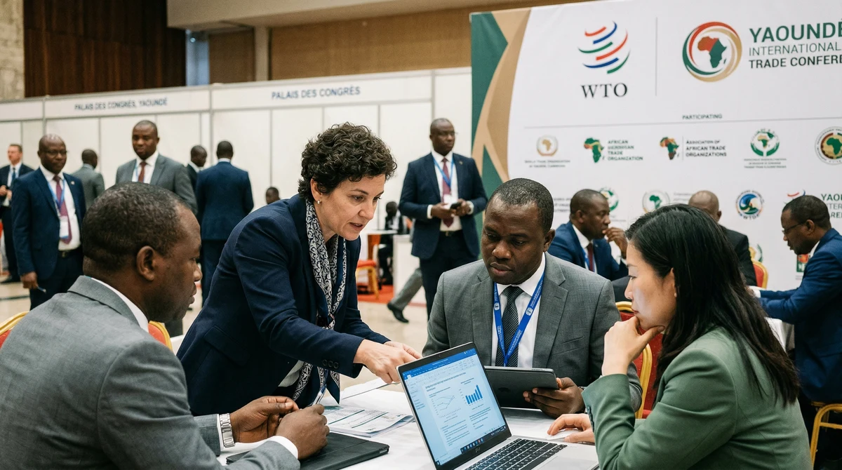 Делегати на международна търговска конференция обсъждат правила за електронната търговия в зала със знаци на Световната търговска организация.