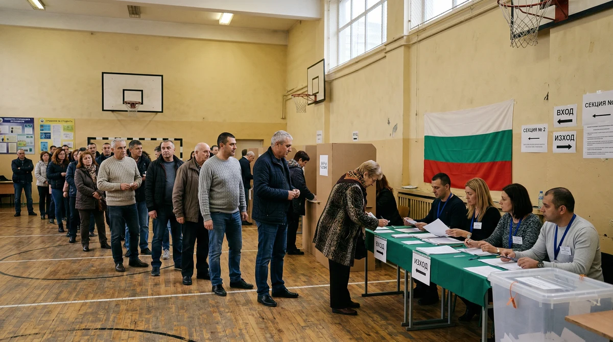 Избиратели чакат на опашка в изборна секция в България, докато комисия обработва гласуването
