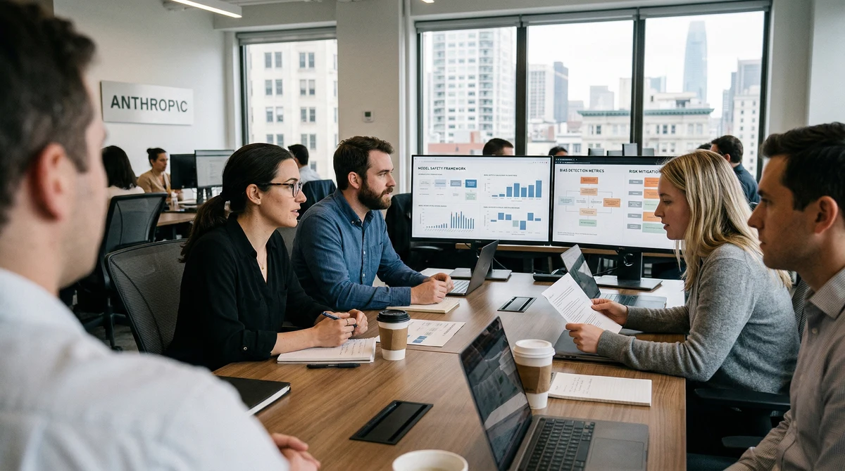 Служители в офис на AI компания обсъждат правила за безопасност и разработка на модели