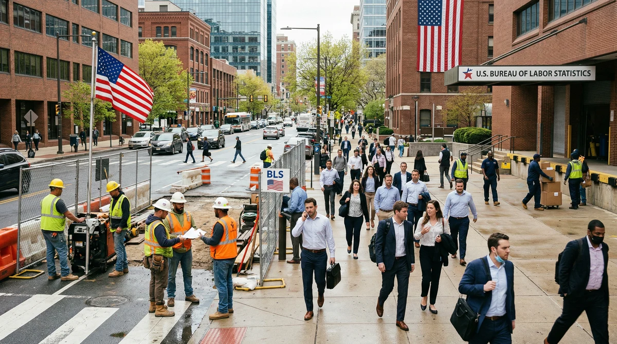 Работници в офис, строителен обект и склад в САЩ, илюстриращи данните за пазара на труда