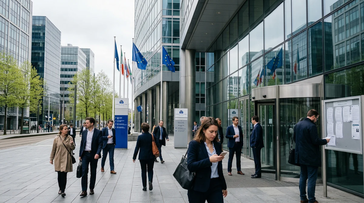 Офис служители напускат бизнес сграда в европейски финансов район на фона на сигнали за отслабване на пазара на труда в еврозоната.