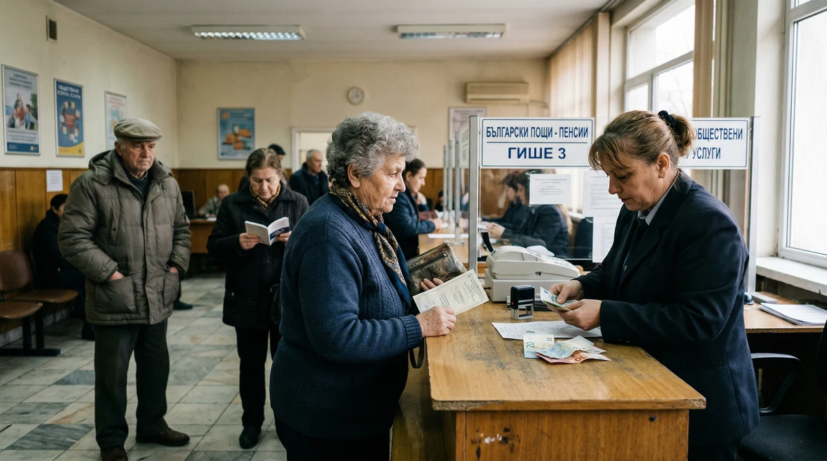 Възрастни хора чакат на гише в българска поща за получаване на пенсии в евро.