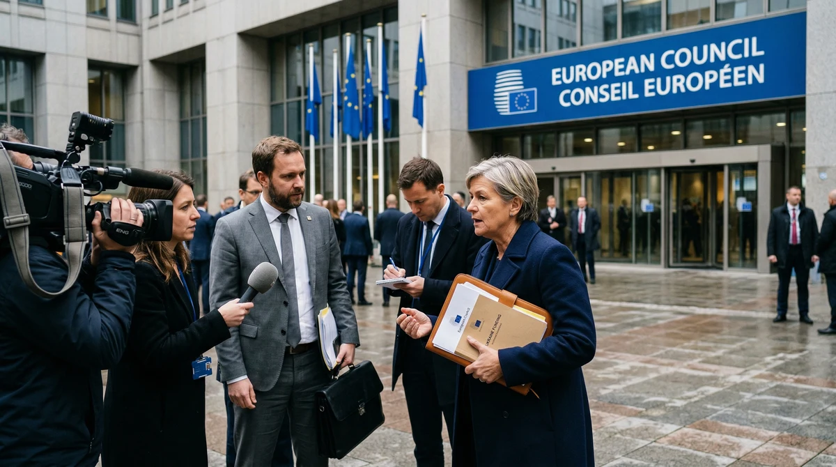 Сграда на Европейския съвет в Брюксел с европейски знамена и официални лица по време на разговори за финансиране на Украйна