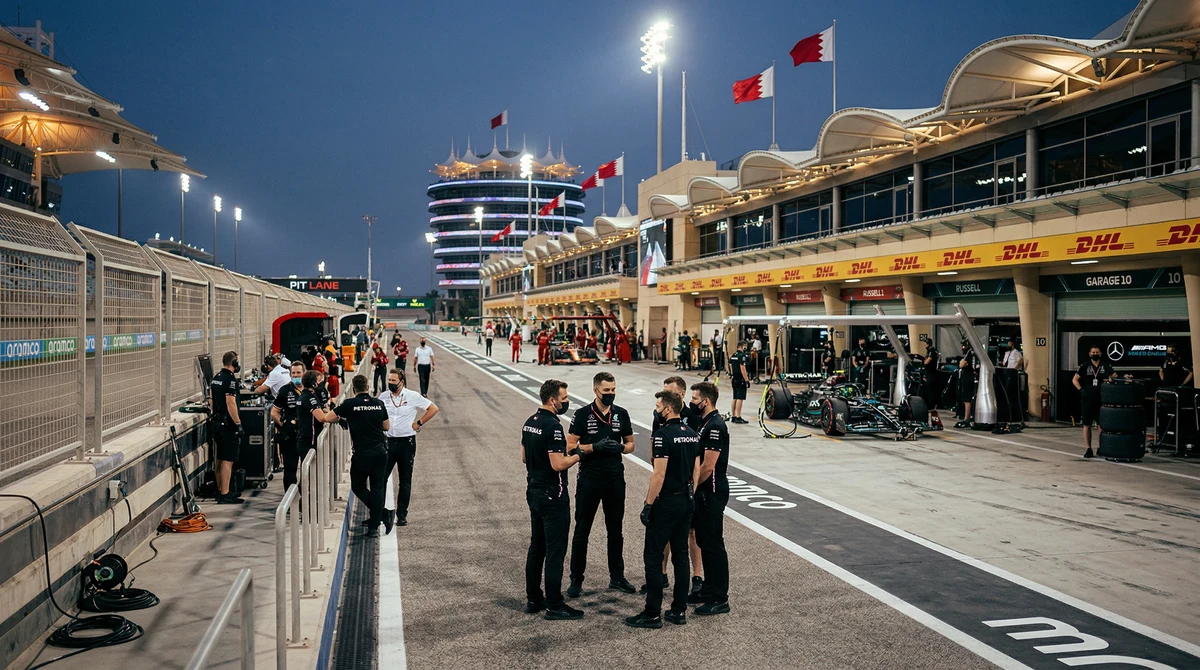 Осветената писта в Бахрейн с ограничена активност в бокса след отмяната на състезанието от Формула 1