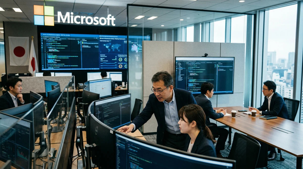 Модерен технологичен център в Токио с екрани за AI инфраструктура и киберсигурност, свързан с инвестицията на Microsoft в Япония.