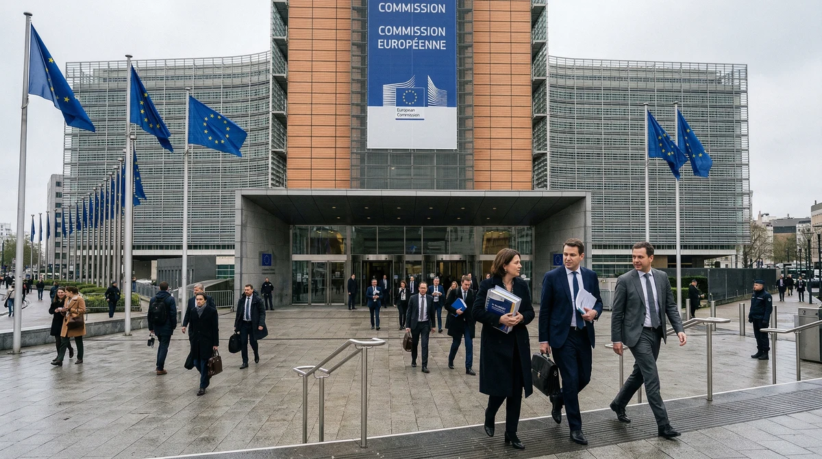 Сградата на Европейската комисия в Брюксел с флагове на ЕС на фона на дебат за бюджета и помощта за Украйна.