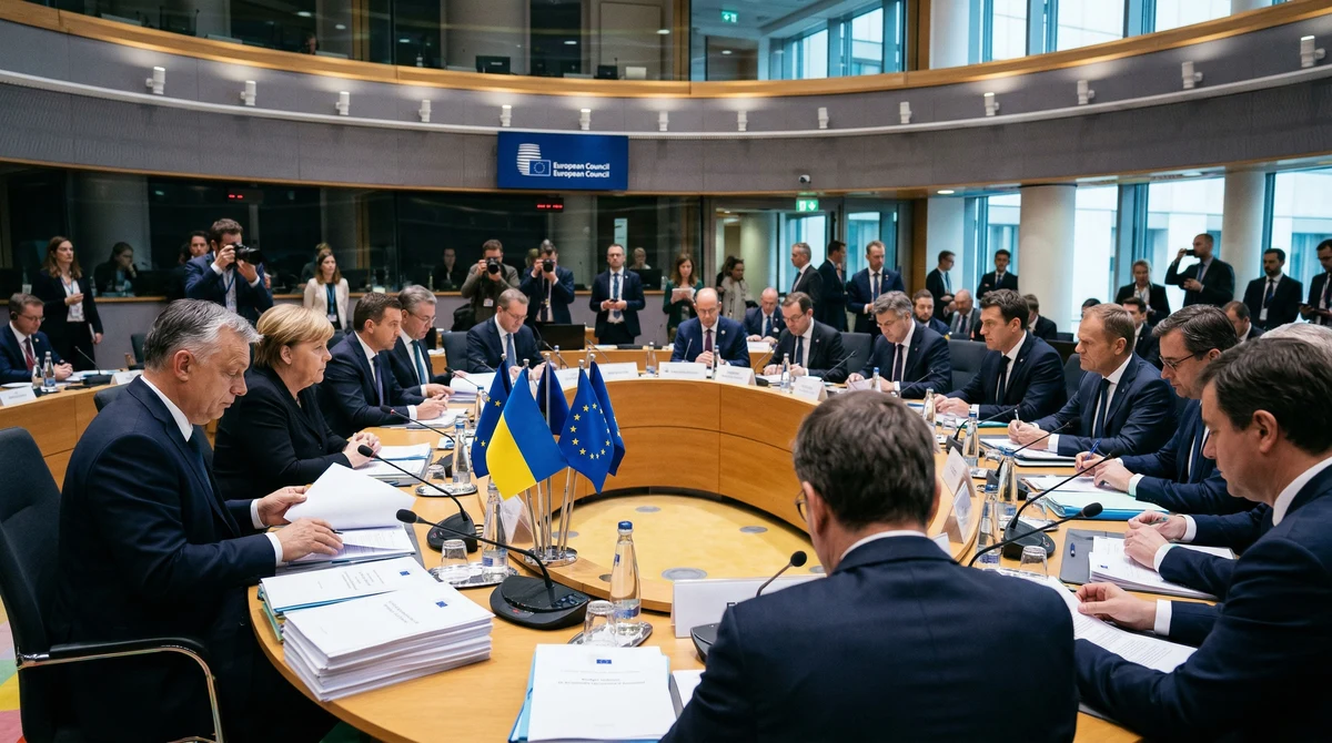 Среща на европейски лидери в Брюксел по въпроса за финансовата подкрепа за Украйна, с флагове на ЕС и Украйна и документи на масата.