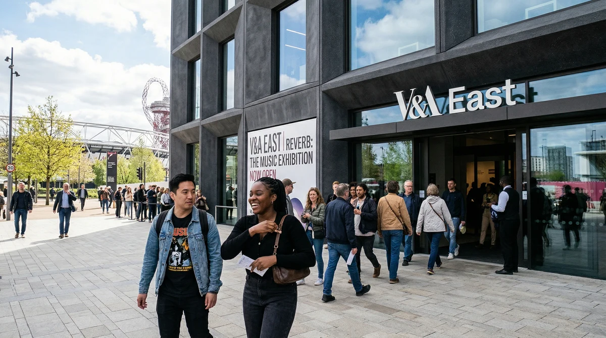 Входът на V&A East Museum в Лондон с посетители при откриването на изложба за черната британска музика.