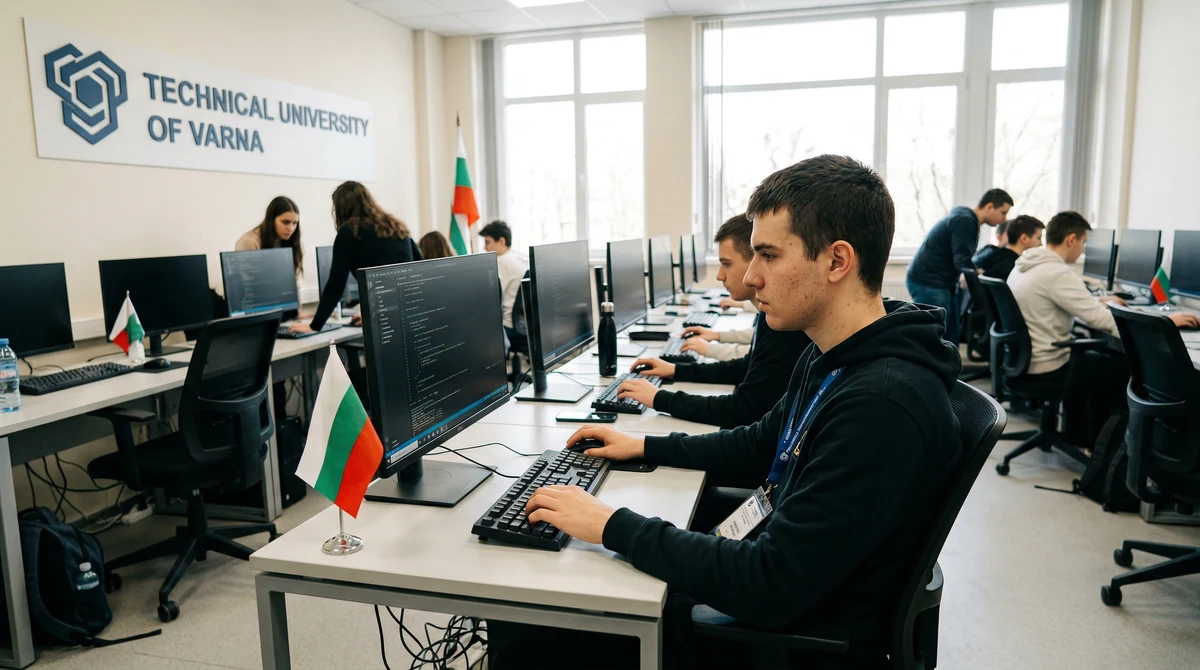 Ученици участват в състезание по програмиране в компютърна зала на Техническия университет във Варна.