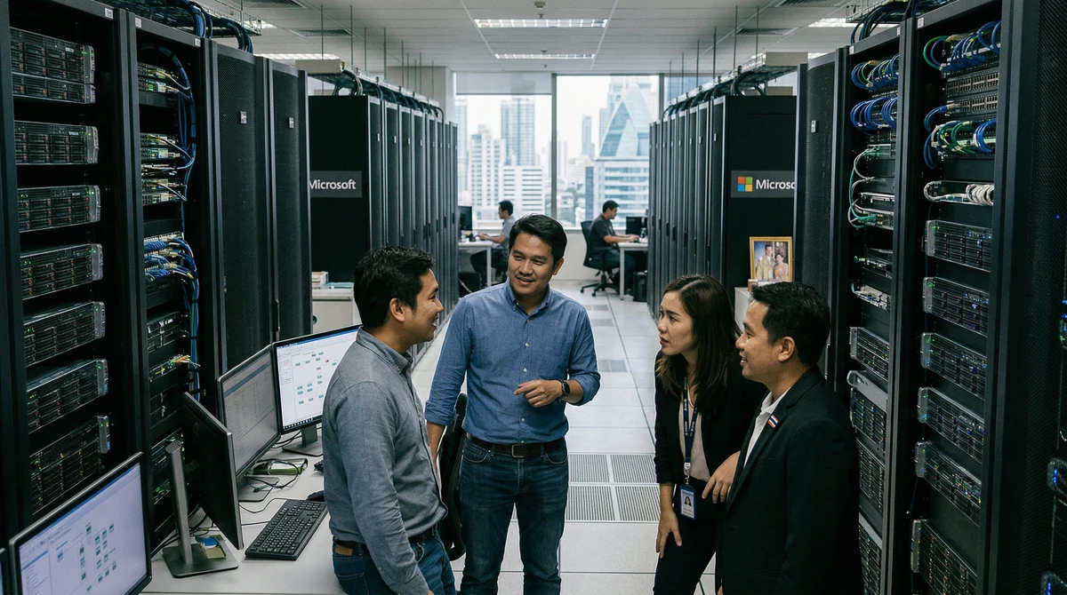 Модерен център за данни и корпоративна технологична среда в Тайланд, свързани с инвестицията на Microsoft в облачна и AI инфраструктура.