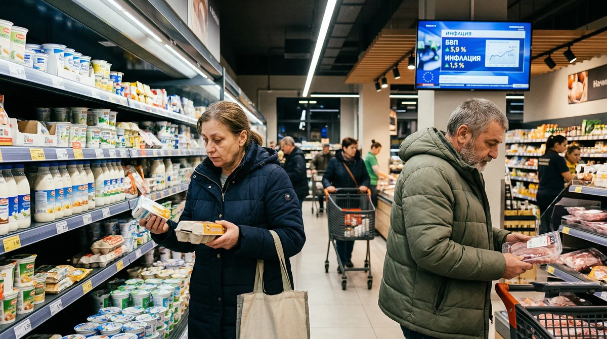 Купувачи в модерен магазин в България сравняват цени на фона на данни за икономически растеж и инфлация в Европа.