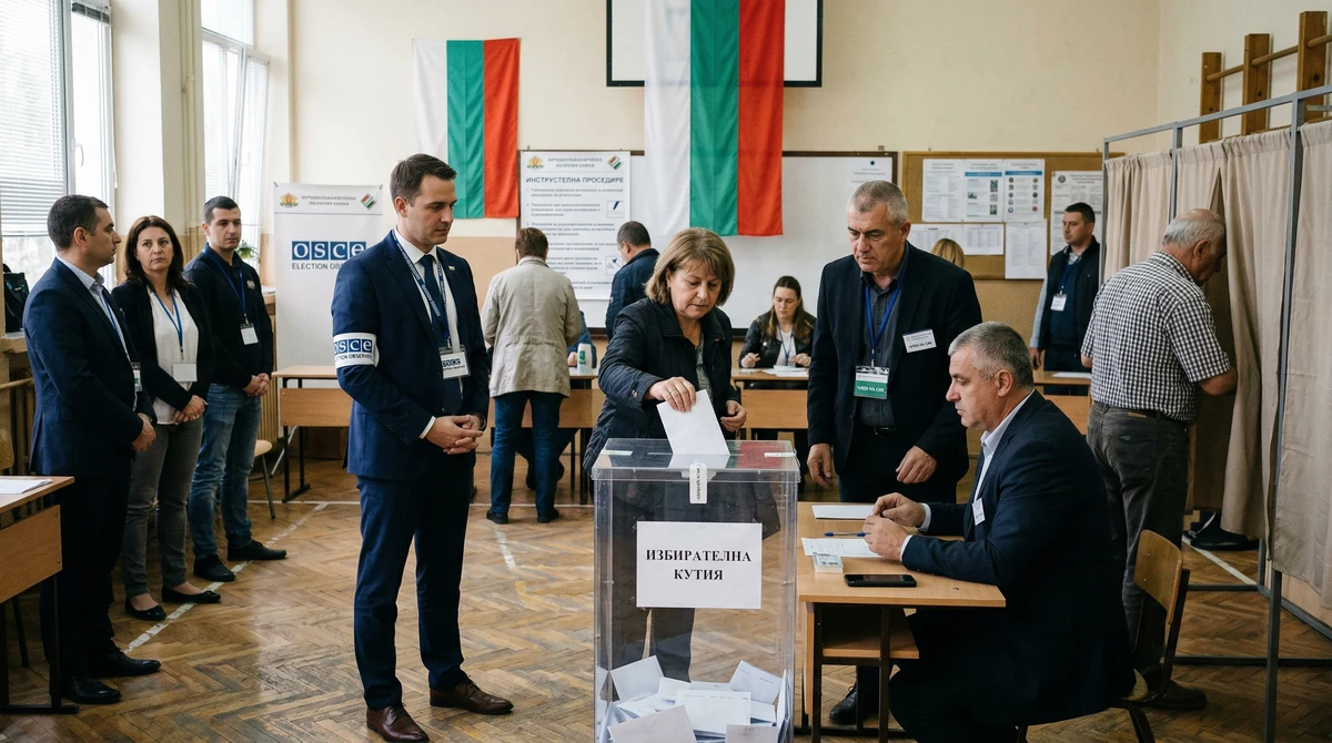Международни наблюдатели и изборни служители в българска избирателна секция по време на парламентарен вот.