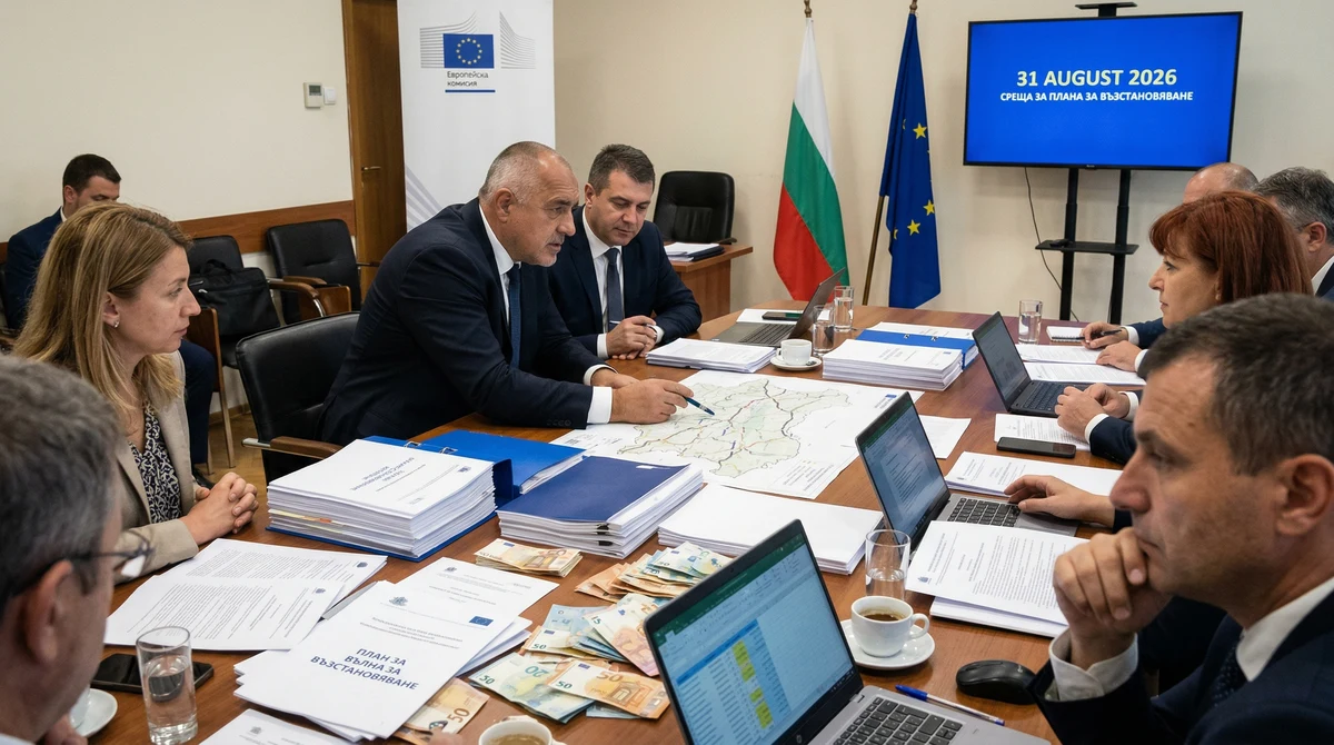 Правителствена среща в София за Плана за възстановяване с документи, европейски и български флагове и бюджетни разчети