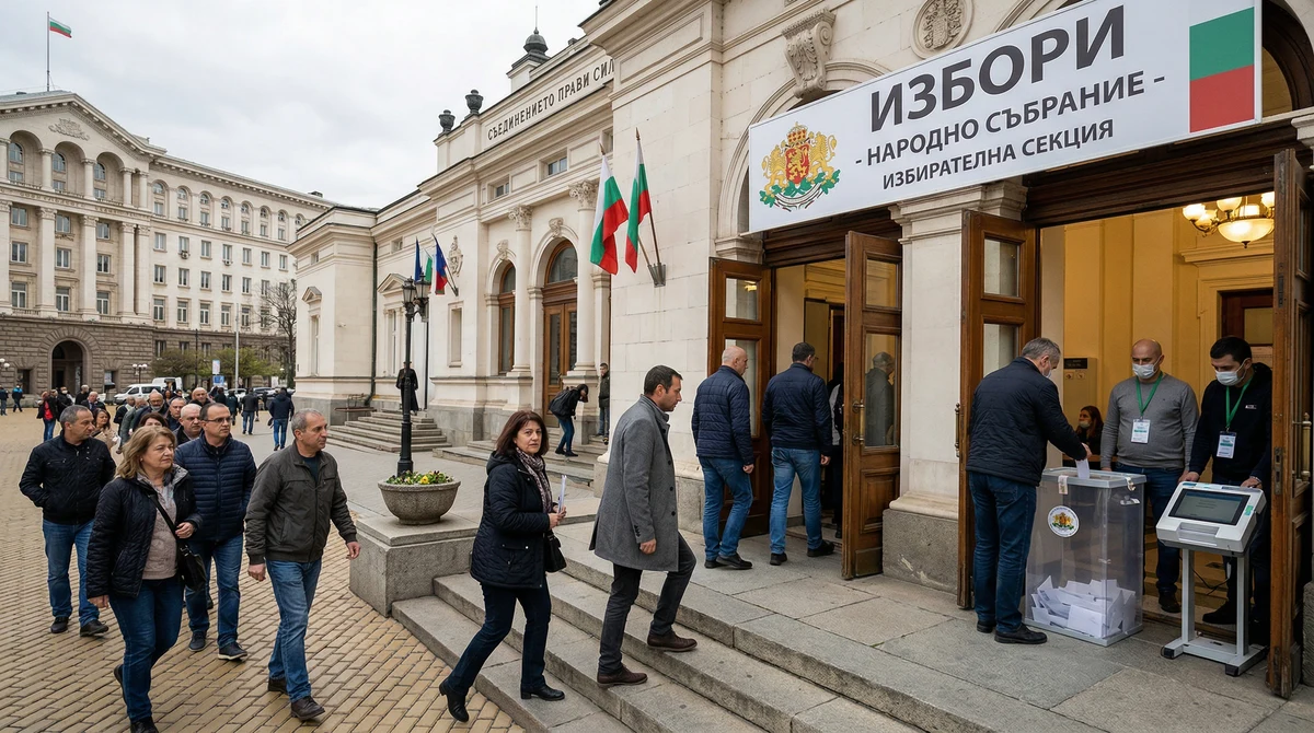 Сграда на Народното събрание в София и изборна секция с машина за гласуване и урна по време на подготовка за избори.