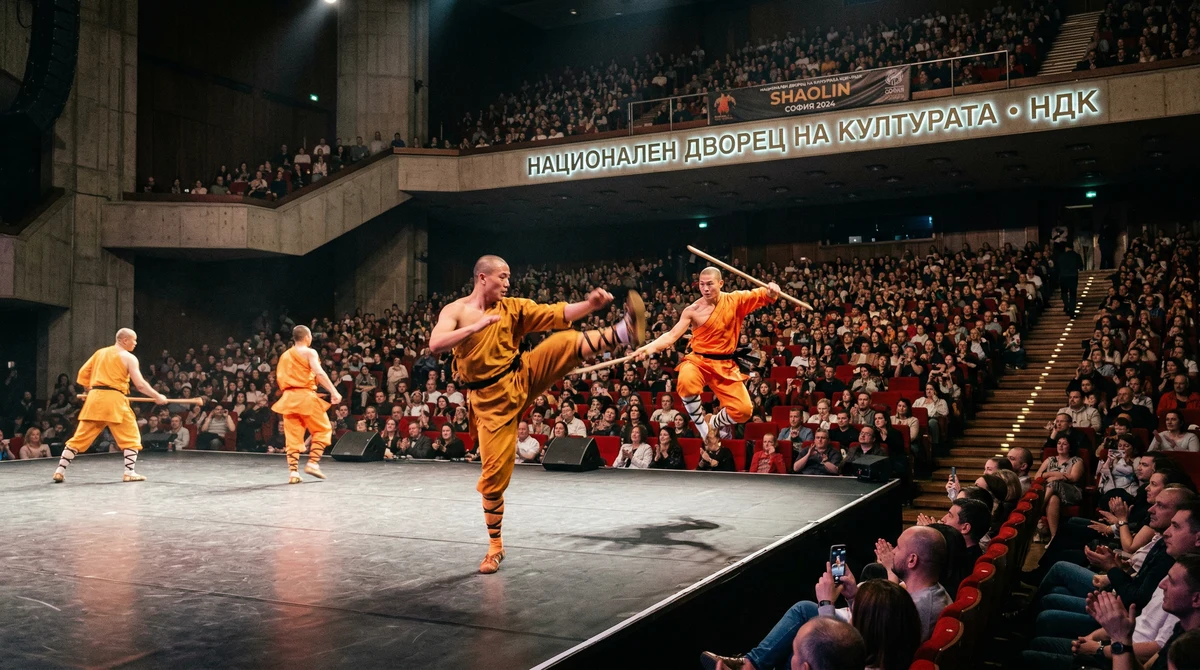 Публика в Зала 1 на НДК наблюдава международен шаолински сценичен спектакъл с бойни демонстрации.
