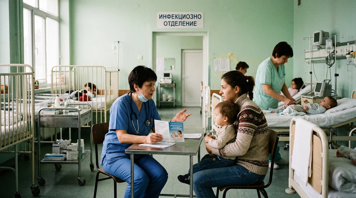 Лекари и родители в педиатрично инфекциозно отделение в България при засилени мерки за имунизация срещу морбили