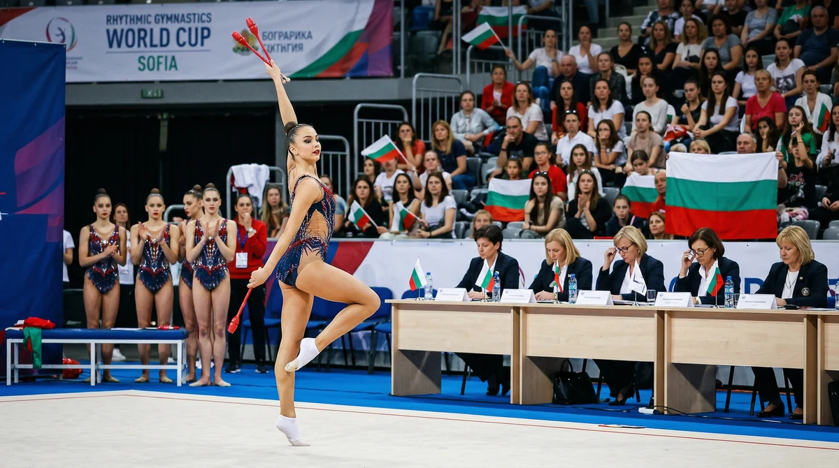Български гимнастички по художествена гимнастика по време на финал в зала в София пред публика и съдии.