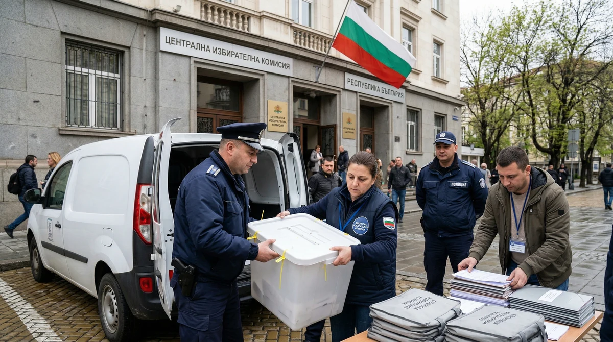 Полицейска охрана и изборни служители пред административна сграда при транспортиране на изборни книжа в България