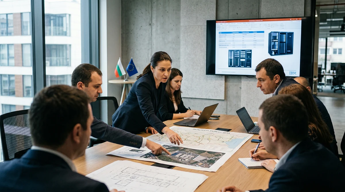 Планиране на AI инфраструктура в технологичен център с екрани, карти на електропреносна мрежа и експерти на среща