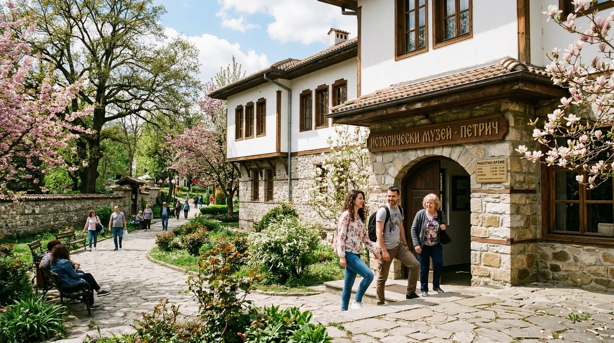 Сградата на Историческия музей в Петрич в градски парк с посетители пред входа