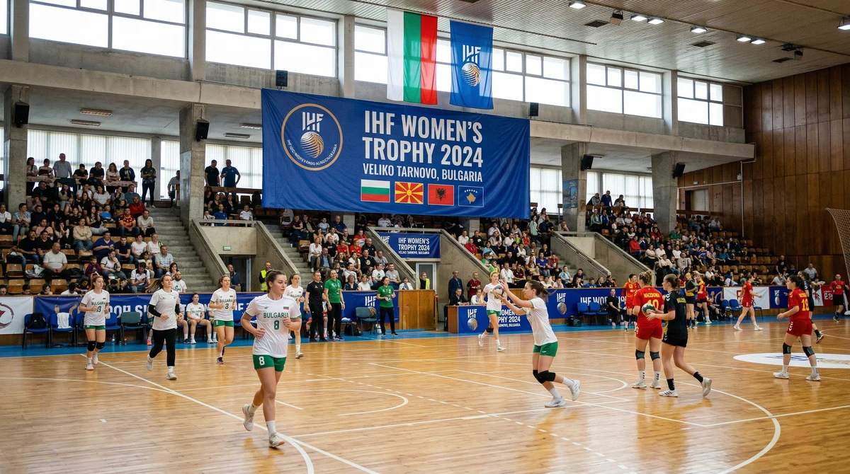 Състезателки по хандбал загряват в зала във Велико Търново преди международен турнир за девойки.