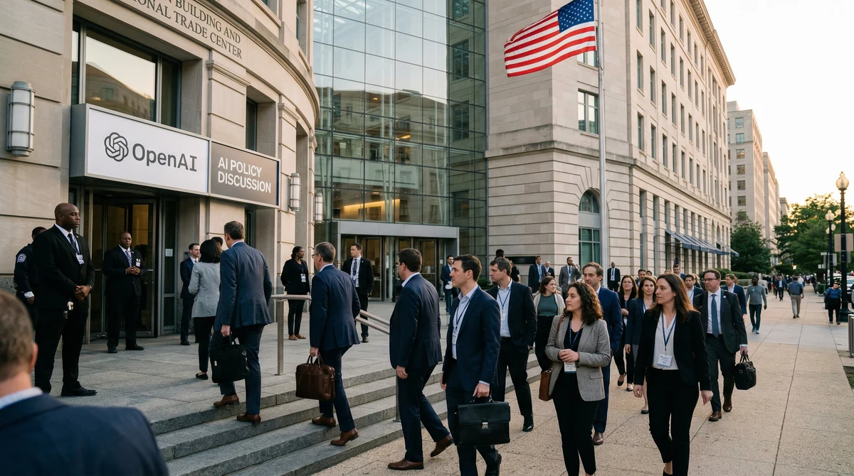 Сграда във Вашингтон с обозначение на OpenAI и участници в дискусия за политика в областта на изкуствения интелект.
