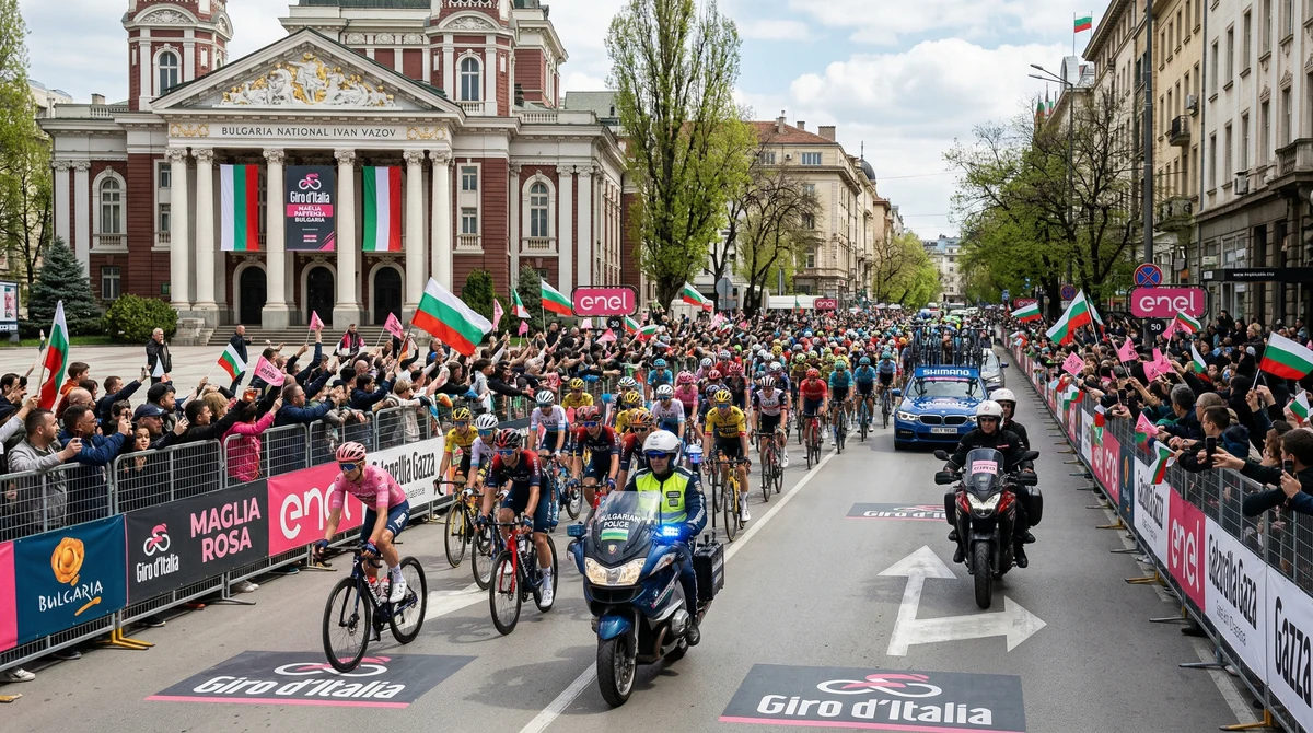 Състезатели от шосейно колоездене преминават през български град по време на старт на „Джиро д’Италия“, с публика, заграждения и полицейско присъствие.
