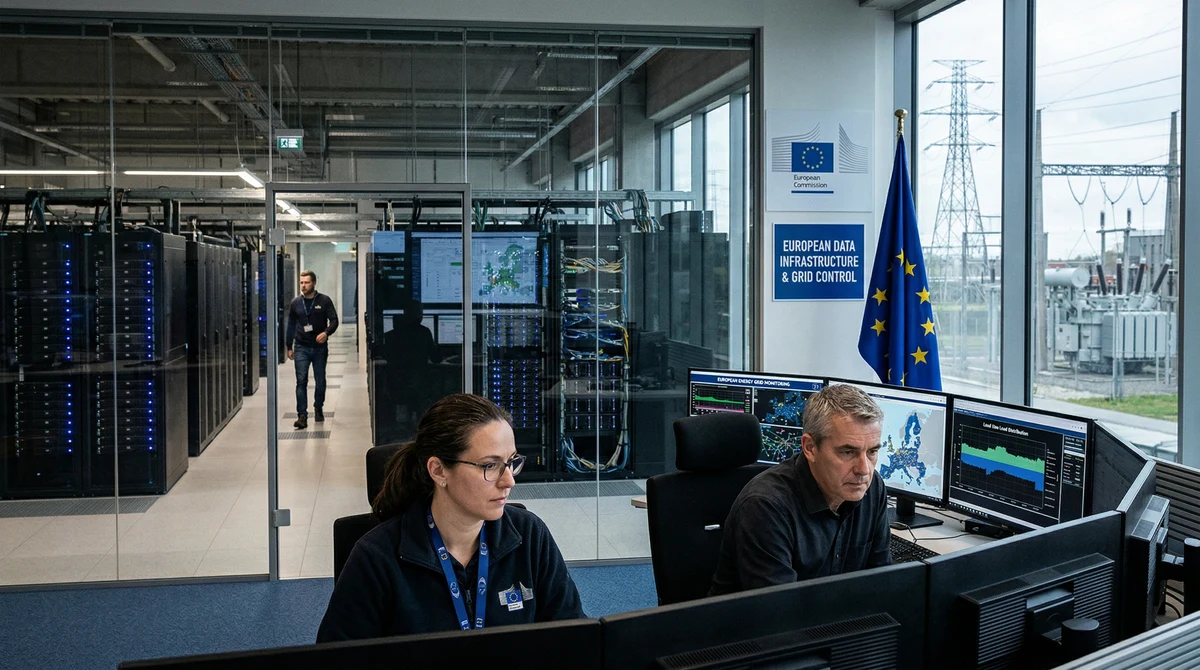 Модерен център за данни в Европа с оператори, които следят сървъри и енергийна инфраструктура