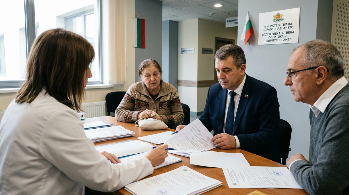 Служители и фармацевт преглеждат документи за лекарства и реимбурсиране в административна среда на болница в България.