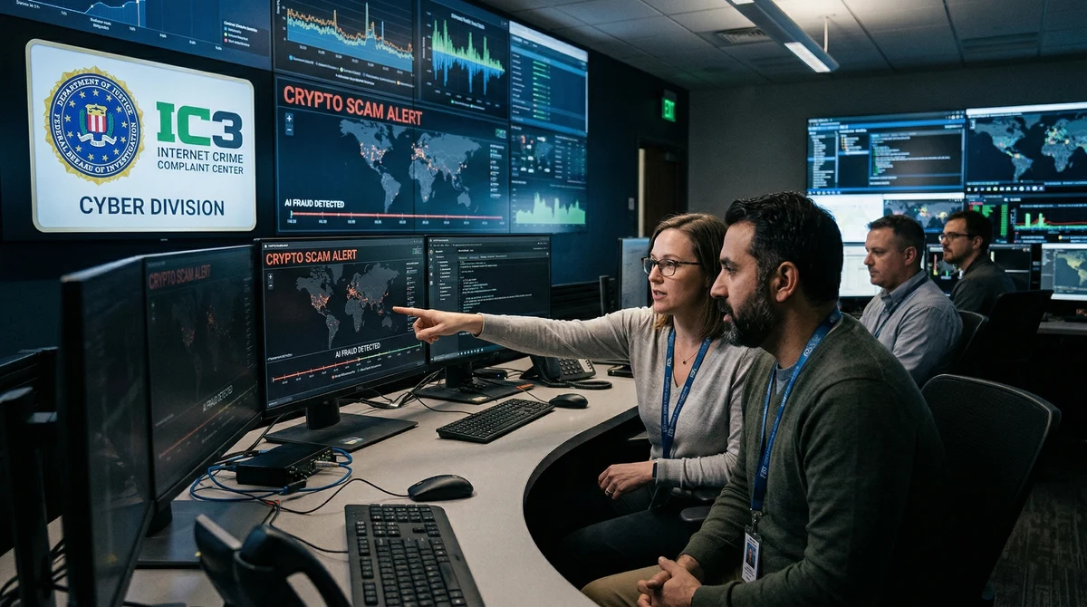 Екип по киберсигурност следи сигнали за крипто измами и измами с изкуствен интелект на екрани в оперативен център.